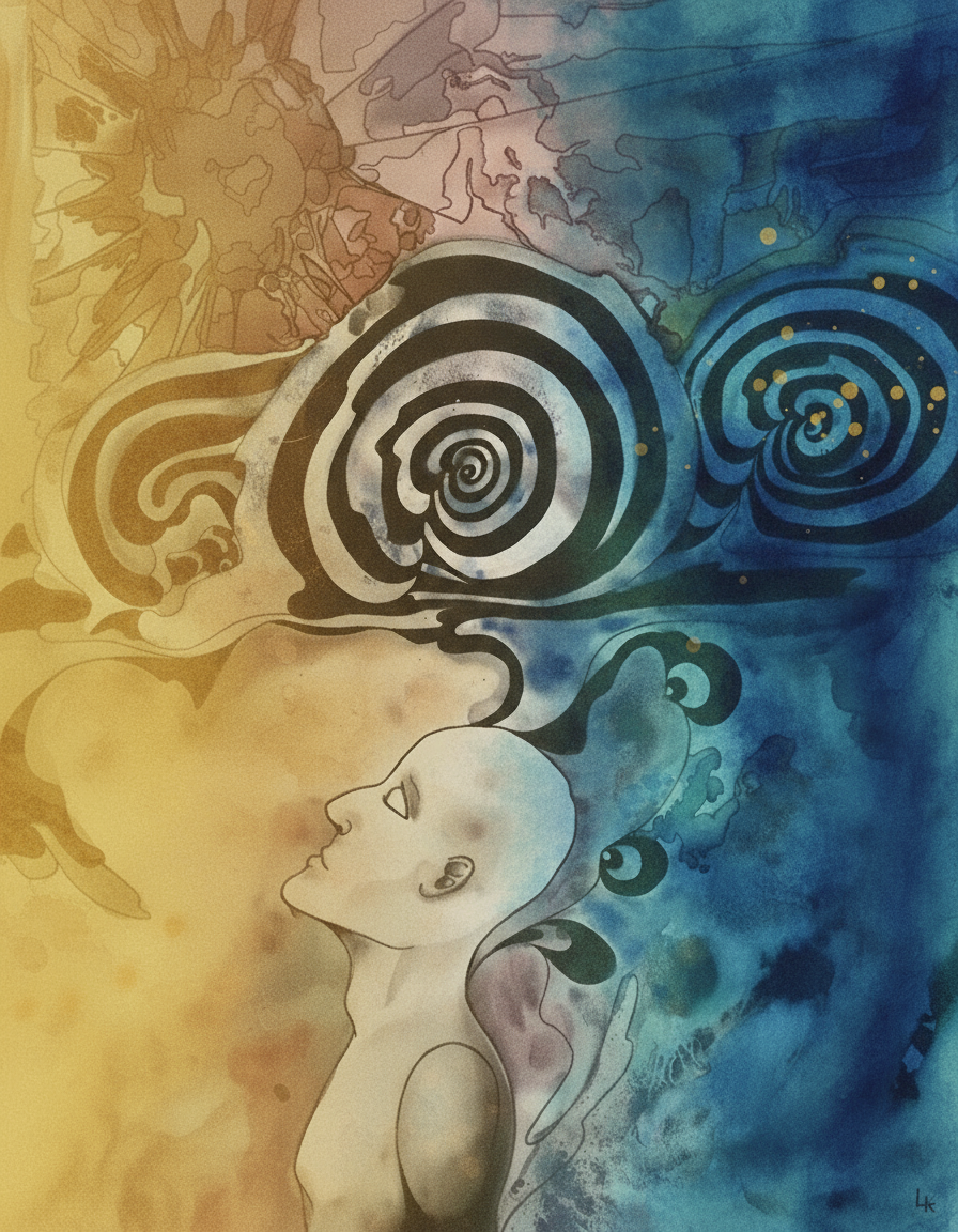 title Layer a dark blue watercolor wash on the right half of the image, preserving the existing golden yellowish orange paint splatters in the first quadrant.