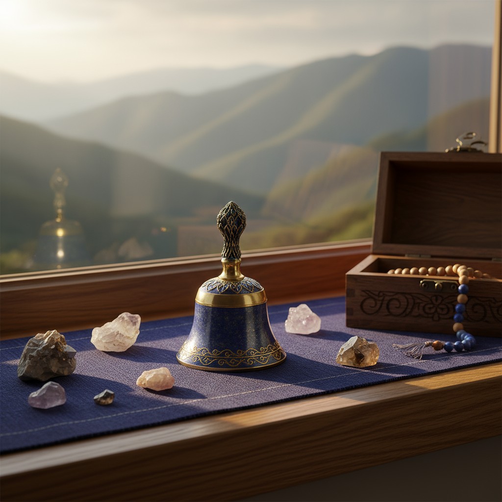 Desks with mountains out a window, blue bell, blue table runner, purple mala beads and wooden-handled box with gold clasp....
